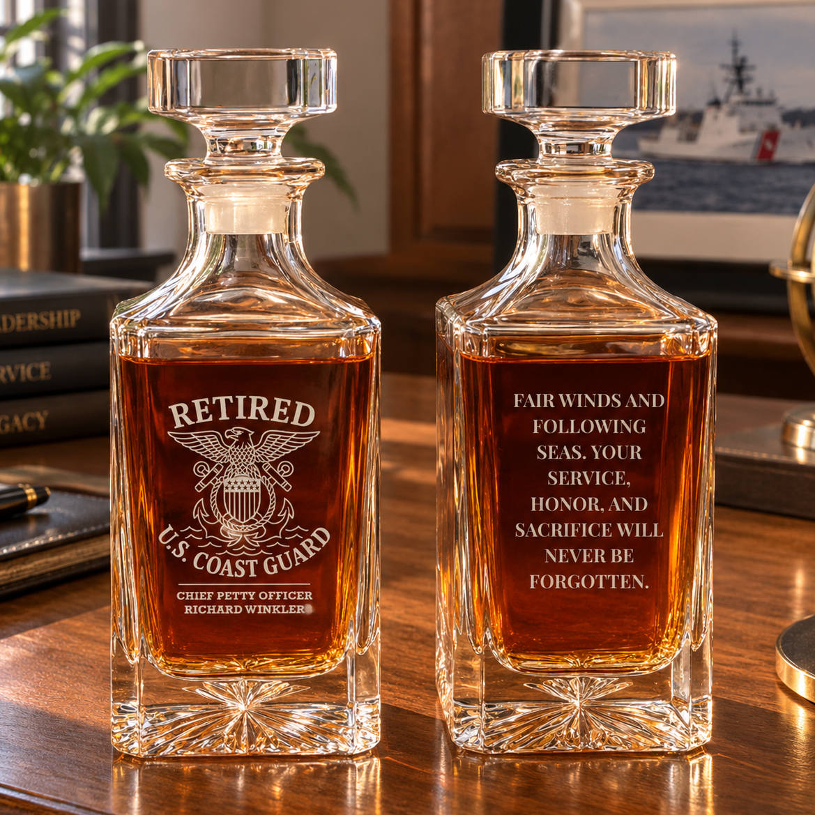 Coast Guard retirement gift decanter shown front and back, the front engraved RETIRED U.S. COAST GUARD with the eagle and anchor emblem, the back with a fair winds message