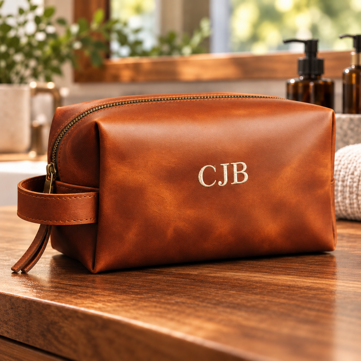 Cognac leather dopp kit embroidered with the initials CJB in cream thread, sitting on a wooden bathroom vanity beside amber soap bottles