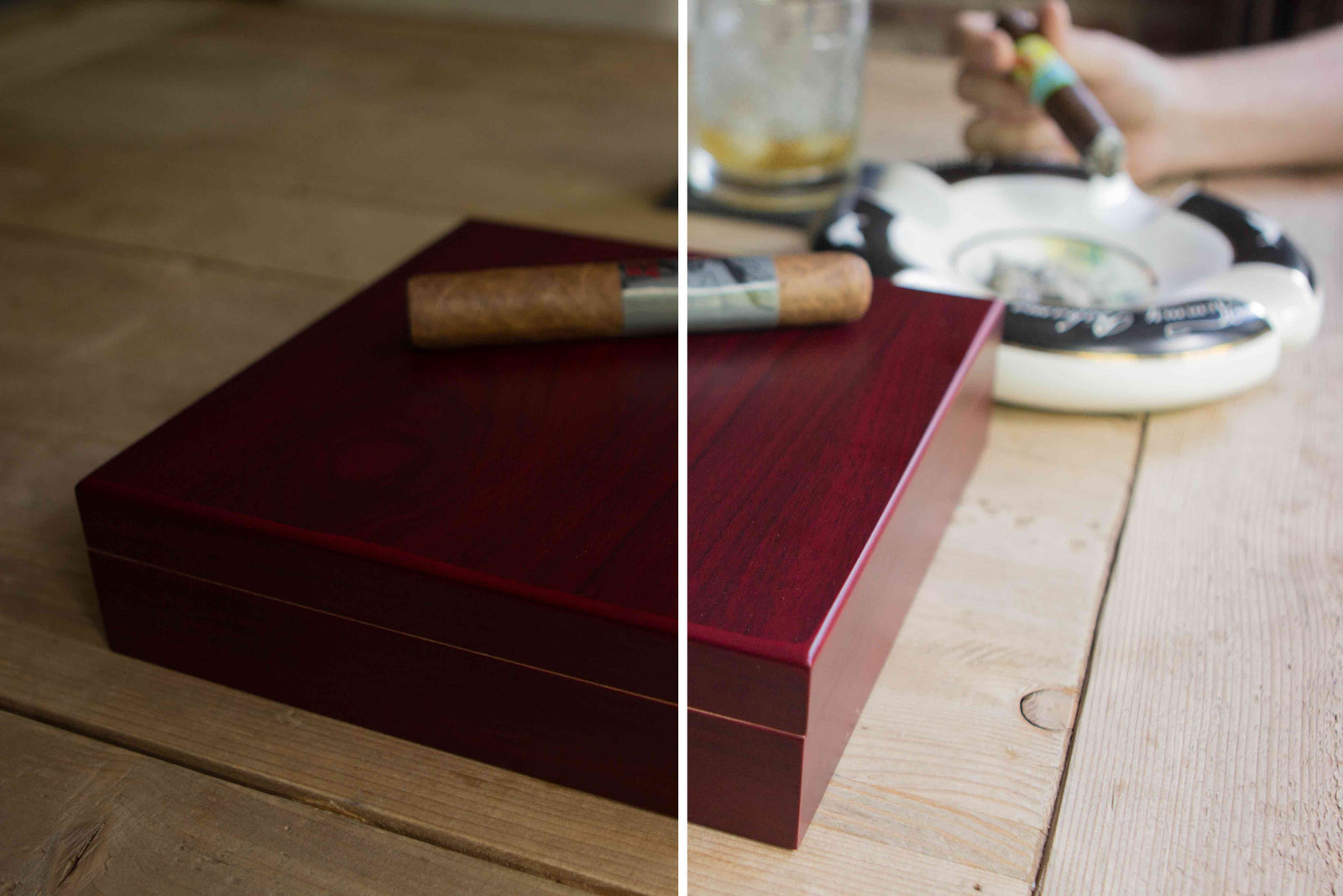 Cherry wood desktop humidor with Spanish cedar lining and digital hygrometer.