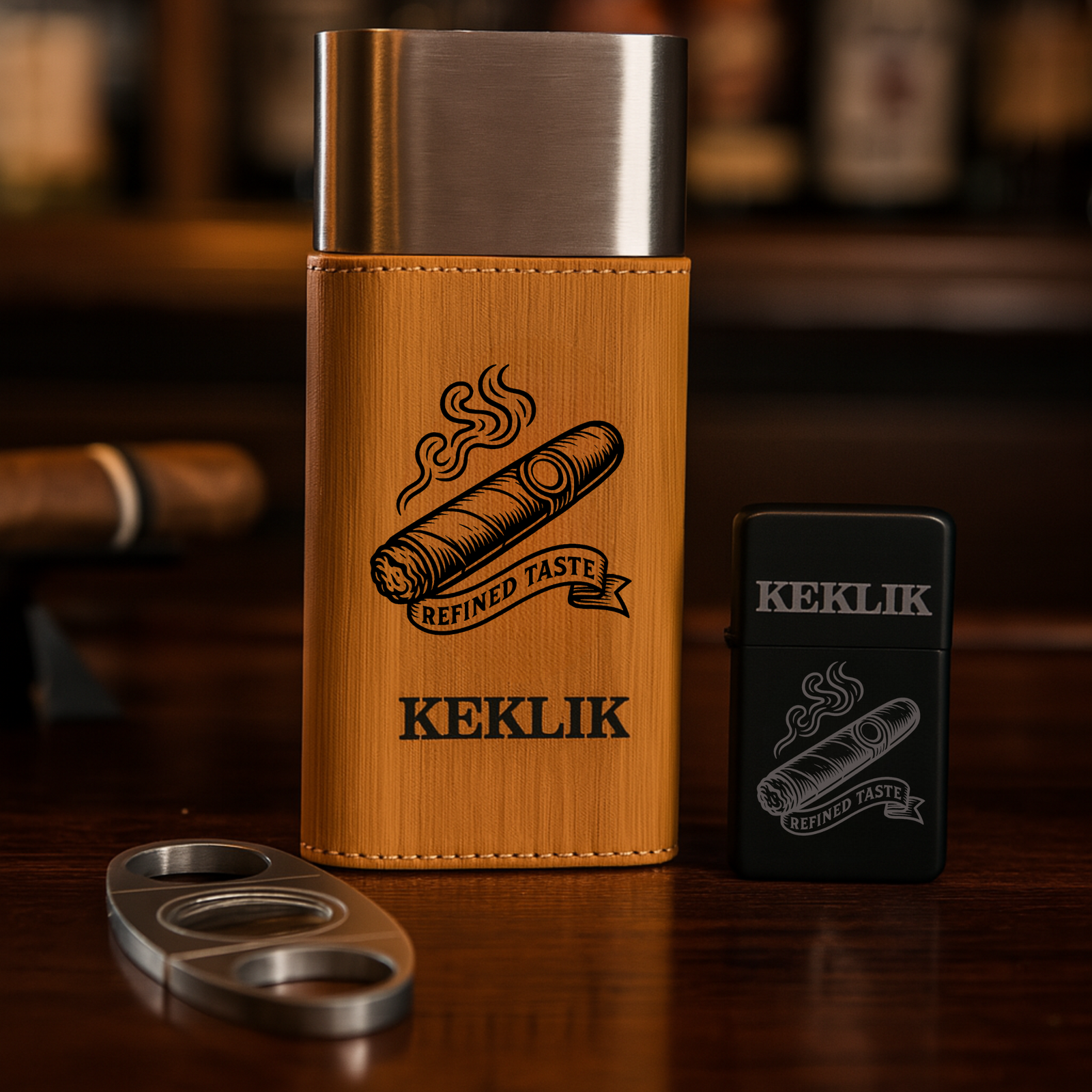 Personalized cigar travel case and lighter gift set with engraved name