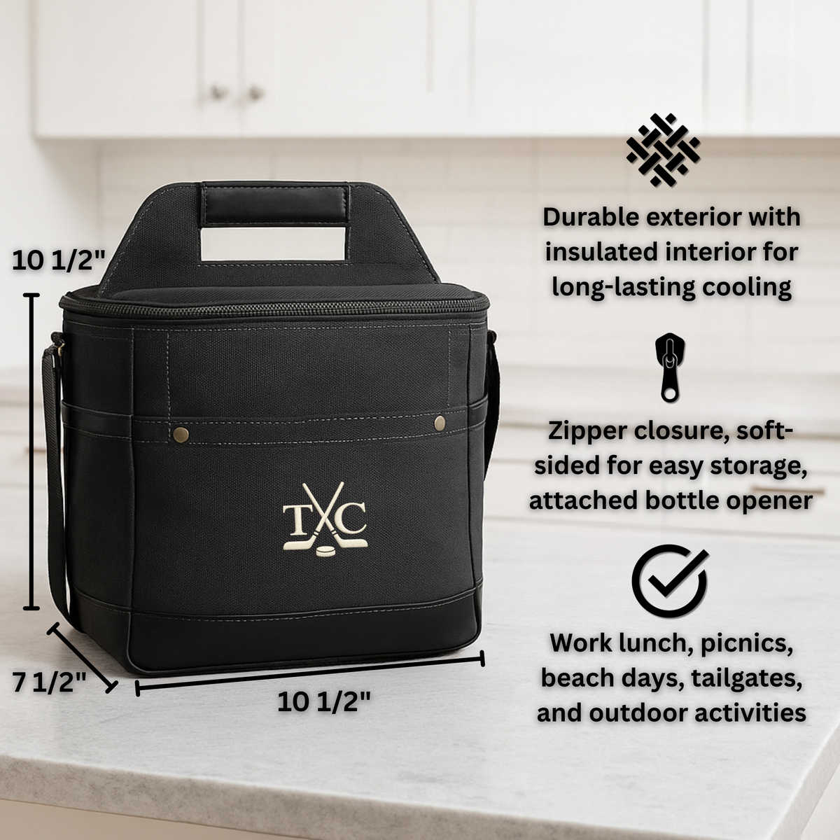 Black insulated cooler with sample monogram "TXC" and hockey stick design, shown with dimensions 10 1/2" height and 7 1/2" width, featuring carry handle and attached bottle opener