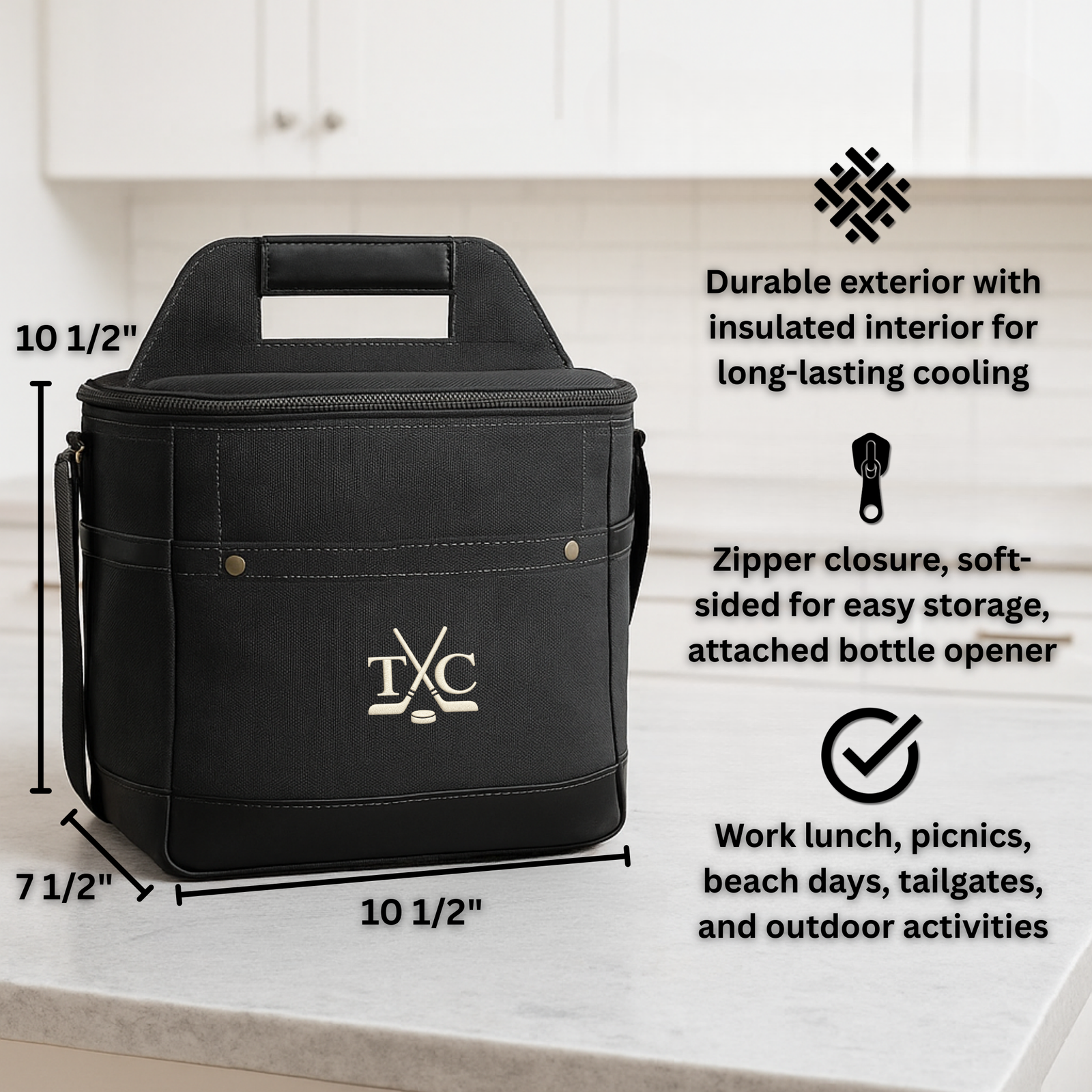 Black insulated cooler with sample monogram "TXC" and hockey stick design, shown with dimensions 10 1/2" height and 7 1/2" width, featuring carry handle and attached bottle opener