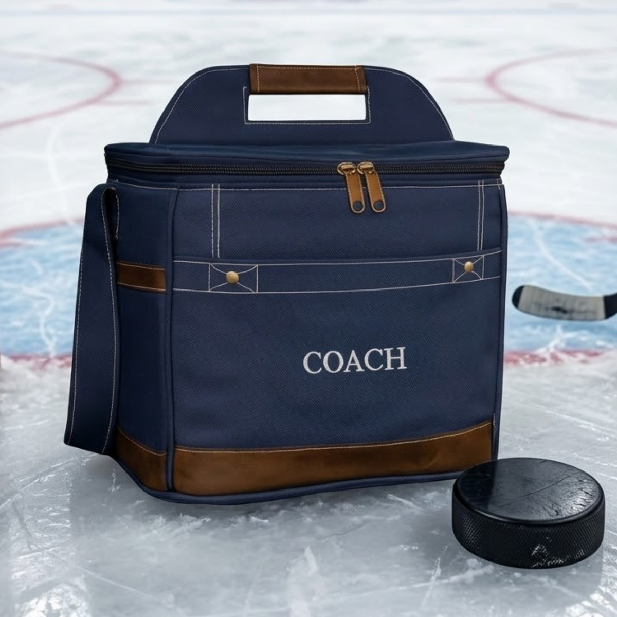 Navy insulated cooler with brown faux leather trim, personalized with sample engraving "COACH" on front panel, displayed on ice hockey rink with puck nearby