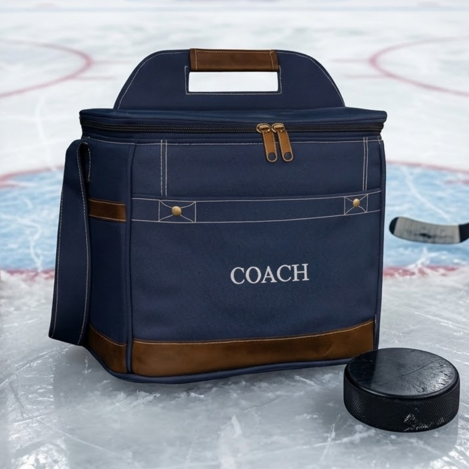 Navy insulated cooler with brown faux leather trim, personalized with sample engraving "COACH" on front panel, displayed on ice hockey rink with puck nearby