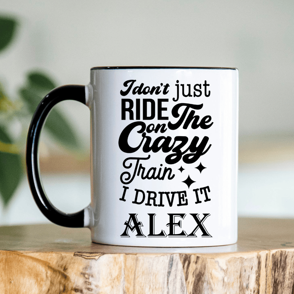Black Funny Coffee Mug With Crazy Train Driver Design
