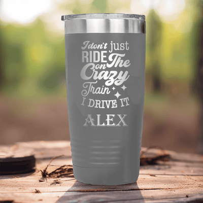 Grey Funny Tumbler With Crazy Train Driver Design