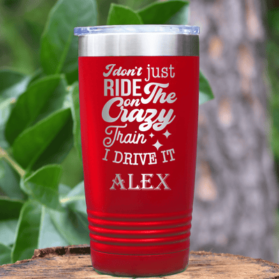Red Funny Tumbler With Crazy Train Driver Design