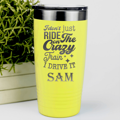 Yellow Funny Tumbler With Crazy Train Driver Design