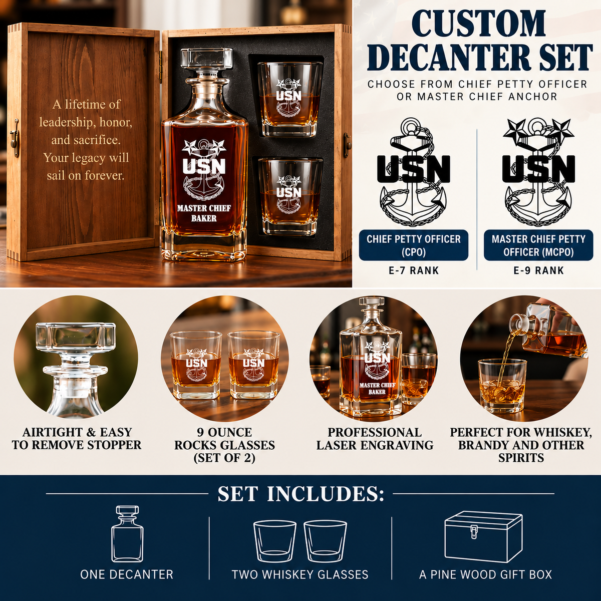 U.S. Navy Fouled Anchor Whiskey Decanter Set