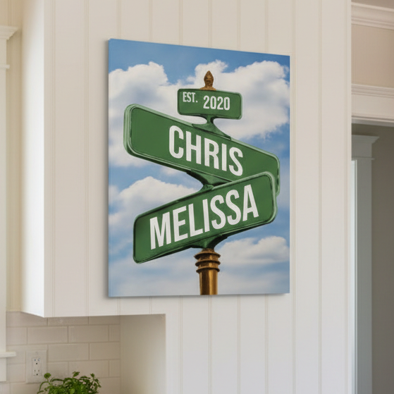 Decorative wall art with green street signs displaying 'Chris' and 'Melissa' against a blue sky with clouds.