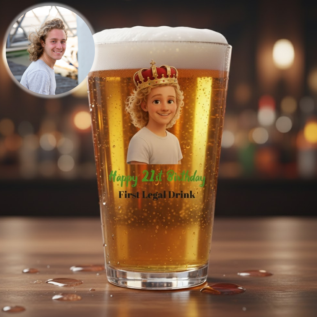 Personalized beer glass with a cartoon character and text on a wooden surface.