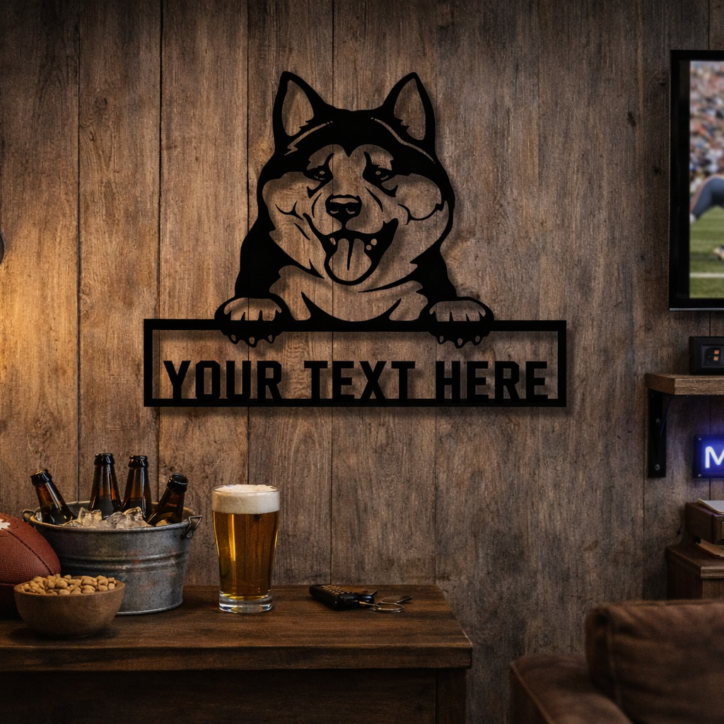 Man cave interior with a dog-themed metal sign, TV showing sports, and bar setup.