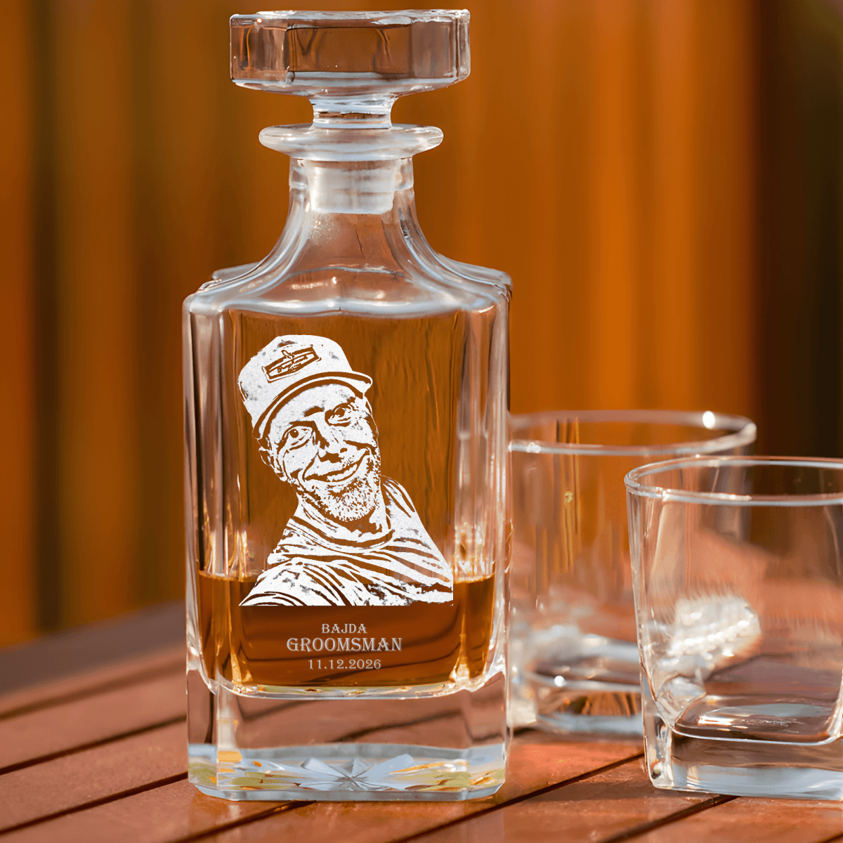 Custom engraved photo whiskey decanter with laser-etched photo and text, heat-tempered crystal glass