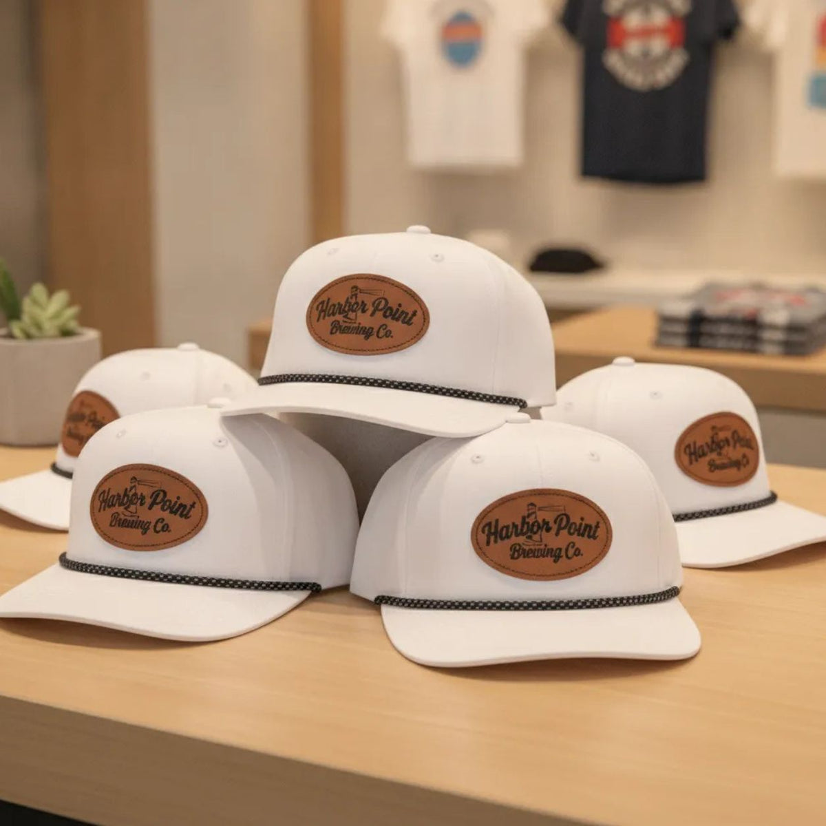 White baseball caps with Harbor Point Brewing Co. logo on a wooden surface.