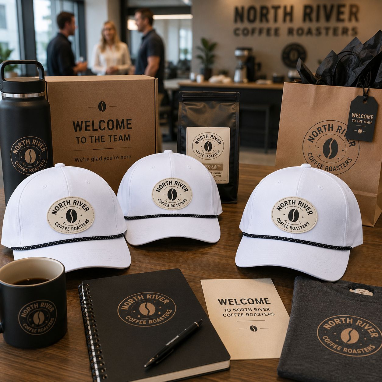 Promotional logo hats, coffee, and branded merchandise on a table.
