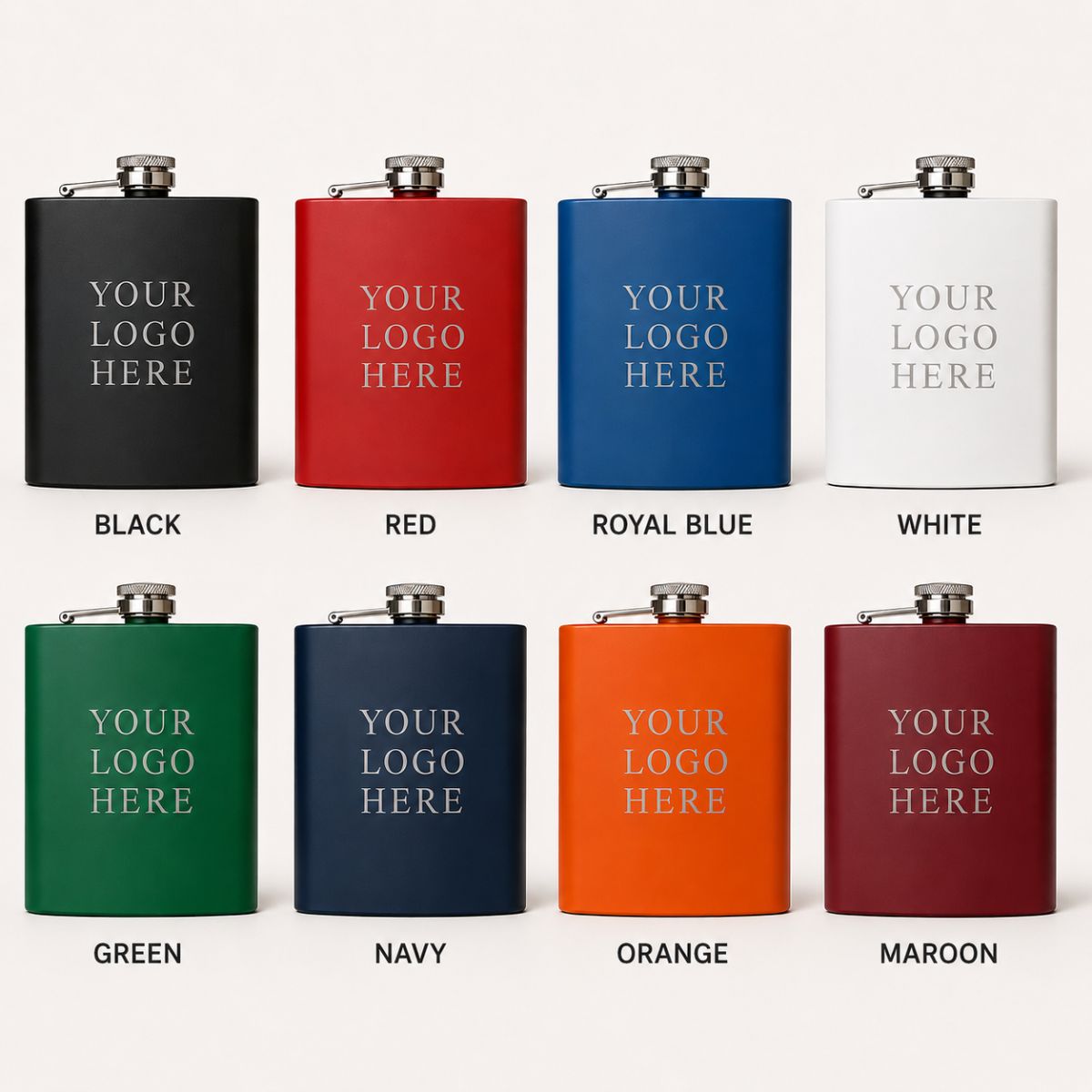 Custom logo flask shown in eight matte colors including black, red, royal blue, white, green, navy, orange, and maroon for brand matching.