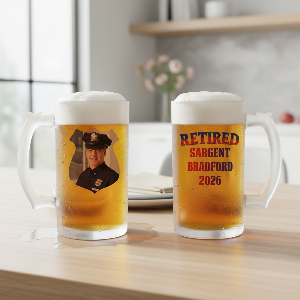 Two beer mugs with personalized prints on a table.