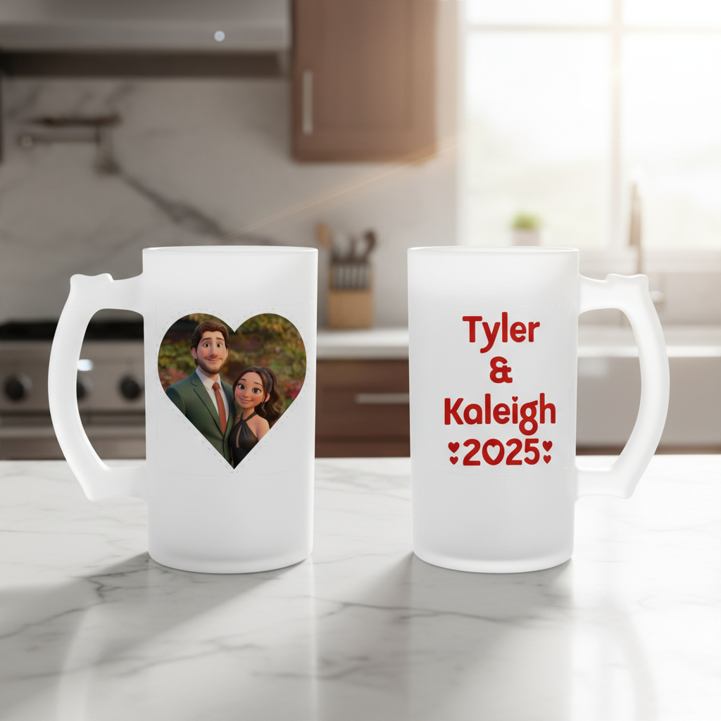 Two white mugs with personalized designs on a kitchen counter.
