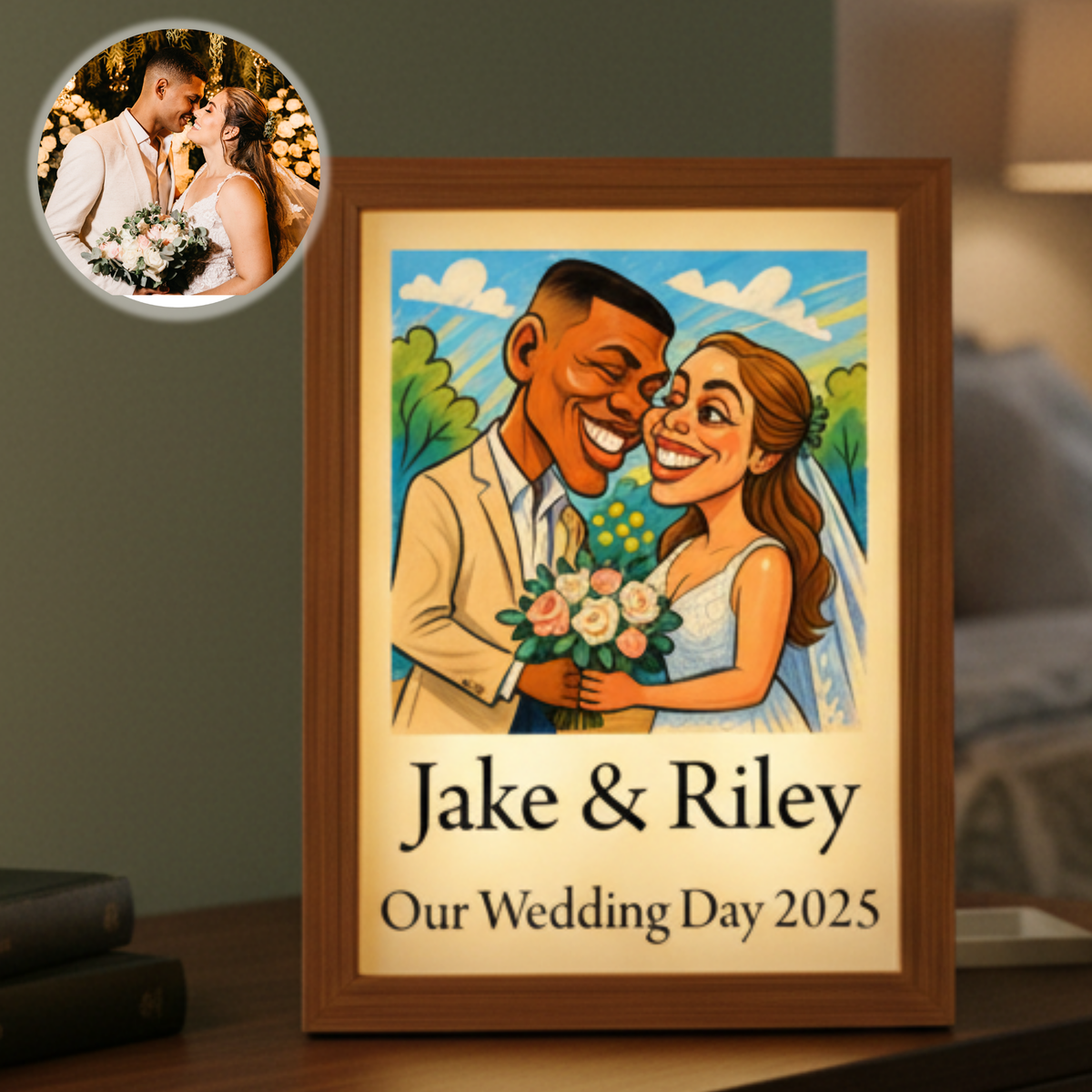 Personalized couples caricature light box birthday gift with glowing acrylic panel