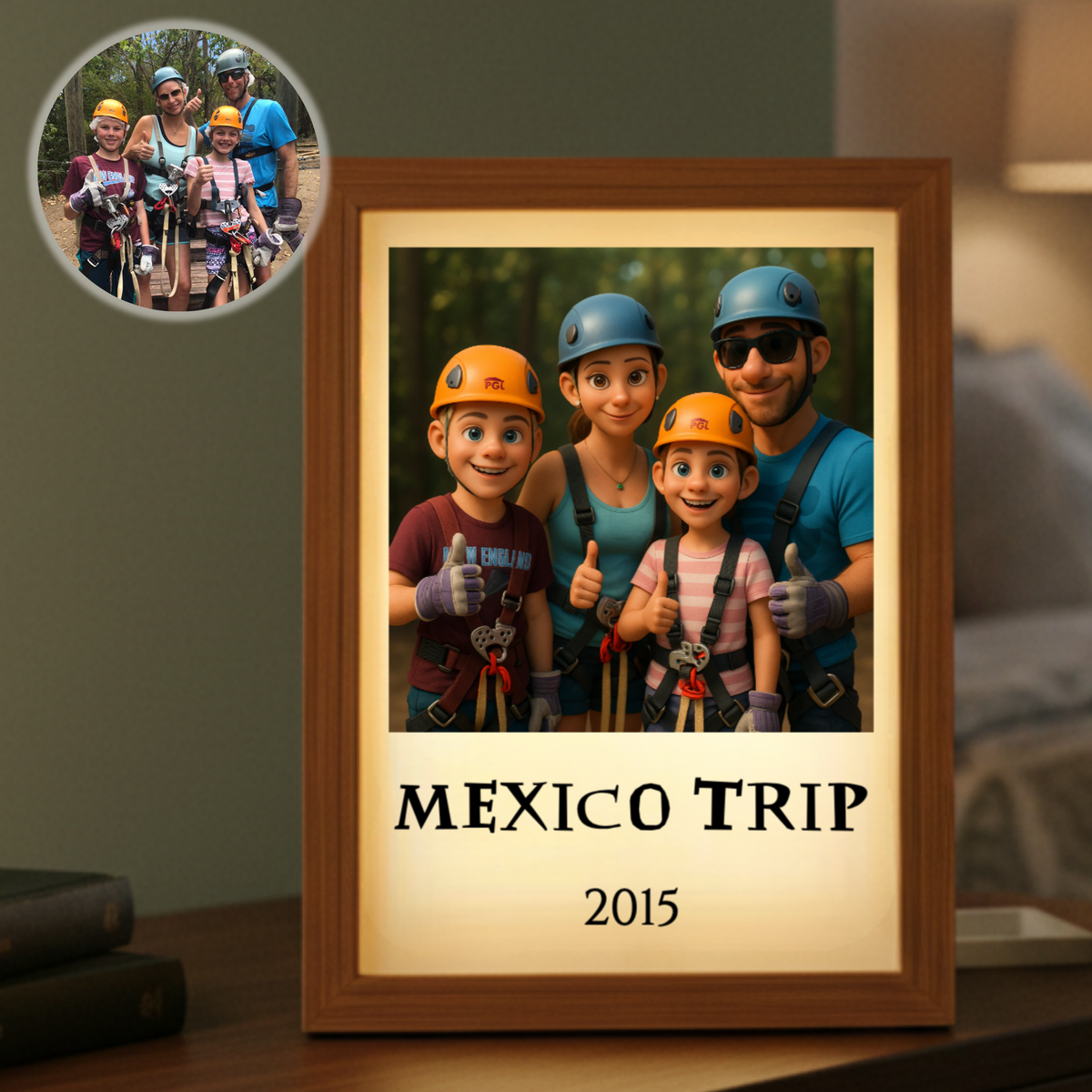 Wooden-framed personalized family cartoon portrait displaying sample text "MEXICO TRIP 2015" with soft LED backlighting, shown on tabletop display