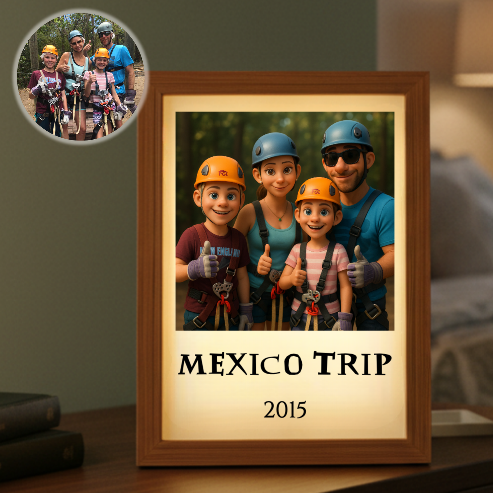 Wooden-framed personalized family cartoon portrait displaying sample text "MEXICO TRIP 2015" with soft LED backlighting, shown on tabletop display