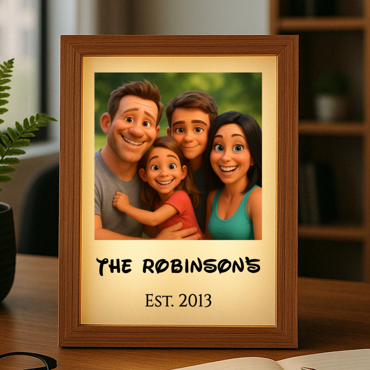 Wooden framed personalized family cartoon display with sample engraving "THE ROBINSONS EST. 2013" and soft LED backlighting, shown on tabletop with plant and home décor
