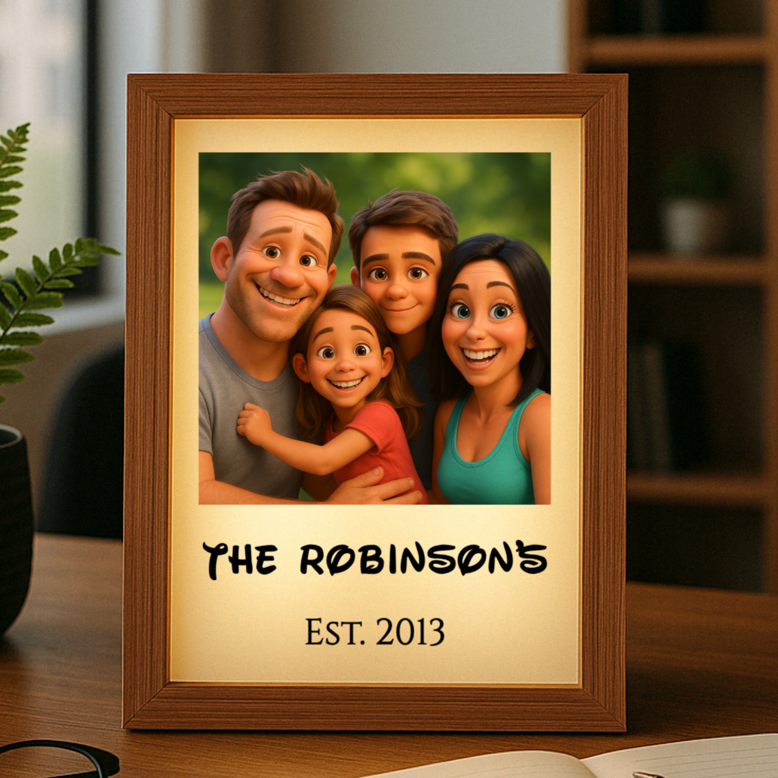 Wooden framed personalized family cartoon display with sample engraving "THE ROBINSONS EST. 2013" and soft LED backlighting, shown on tabletop with plant and home décor