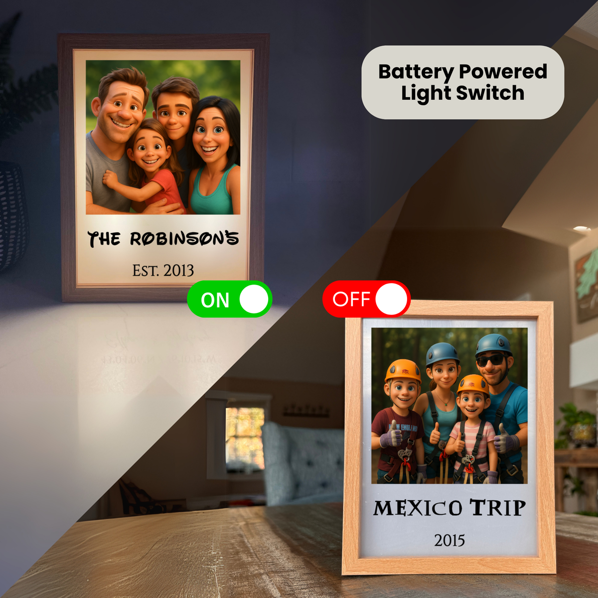 Personalized cartoon family frame with wood base and battery-powered LED light switch shown in ON and OFF positions with sample photos and text customization