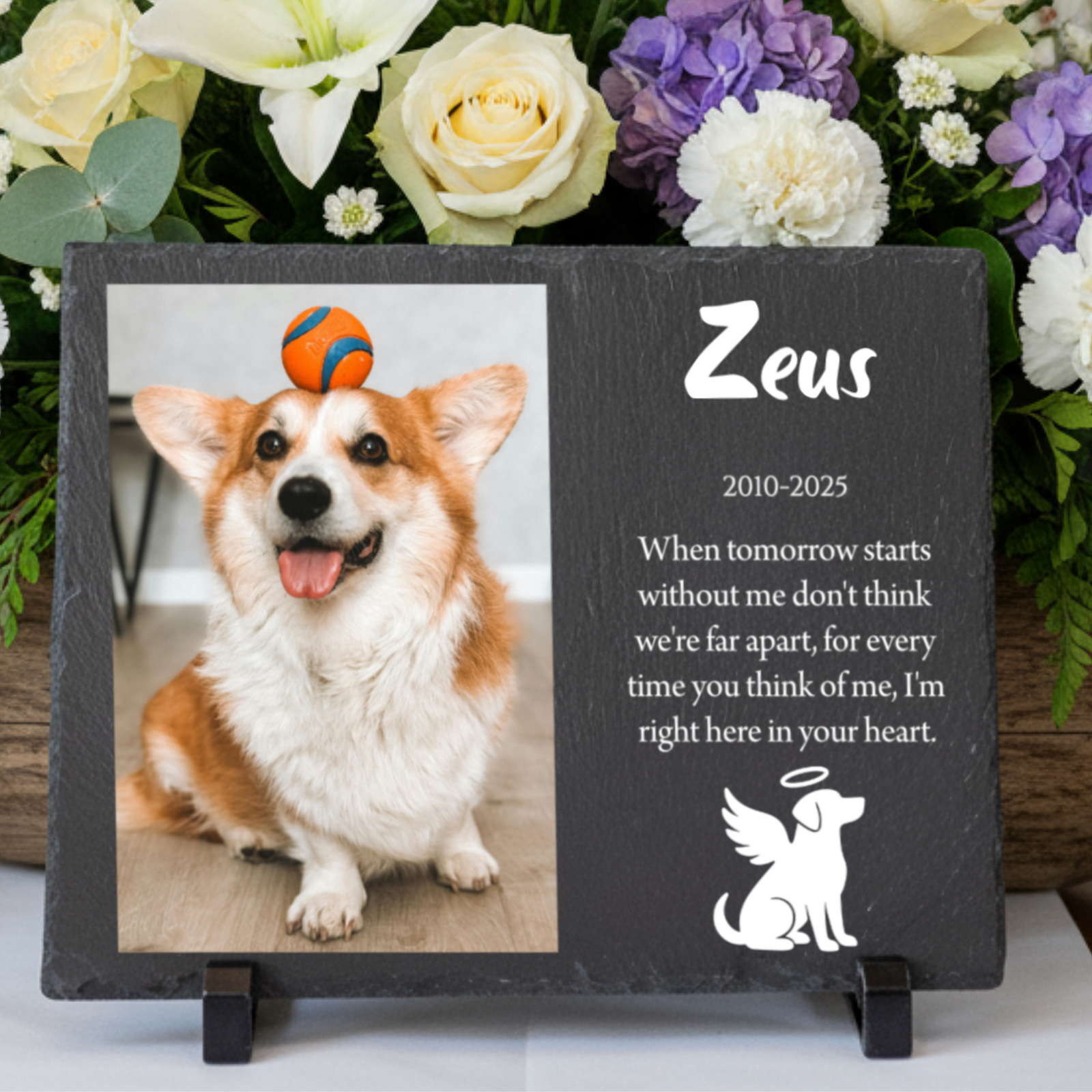 Slate pet memorial plaque with photo and engraved custom message