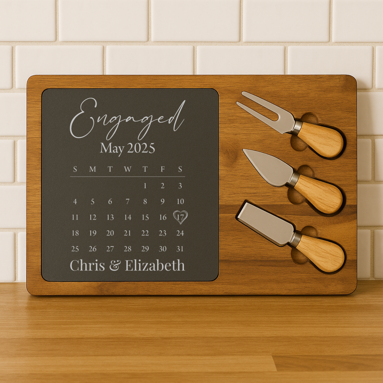 Personalized Slate Cheese Board for Him with Calendar Engraving and Names