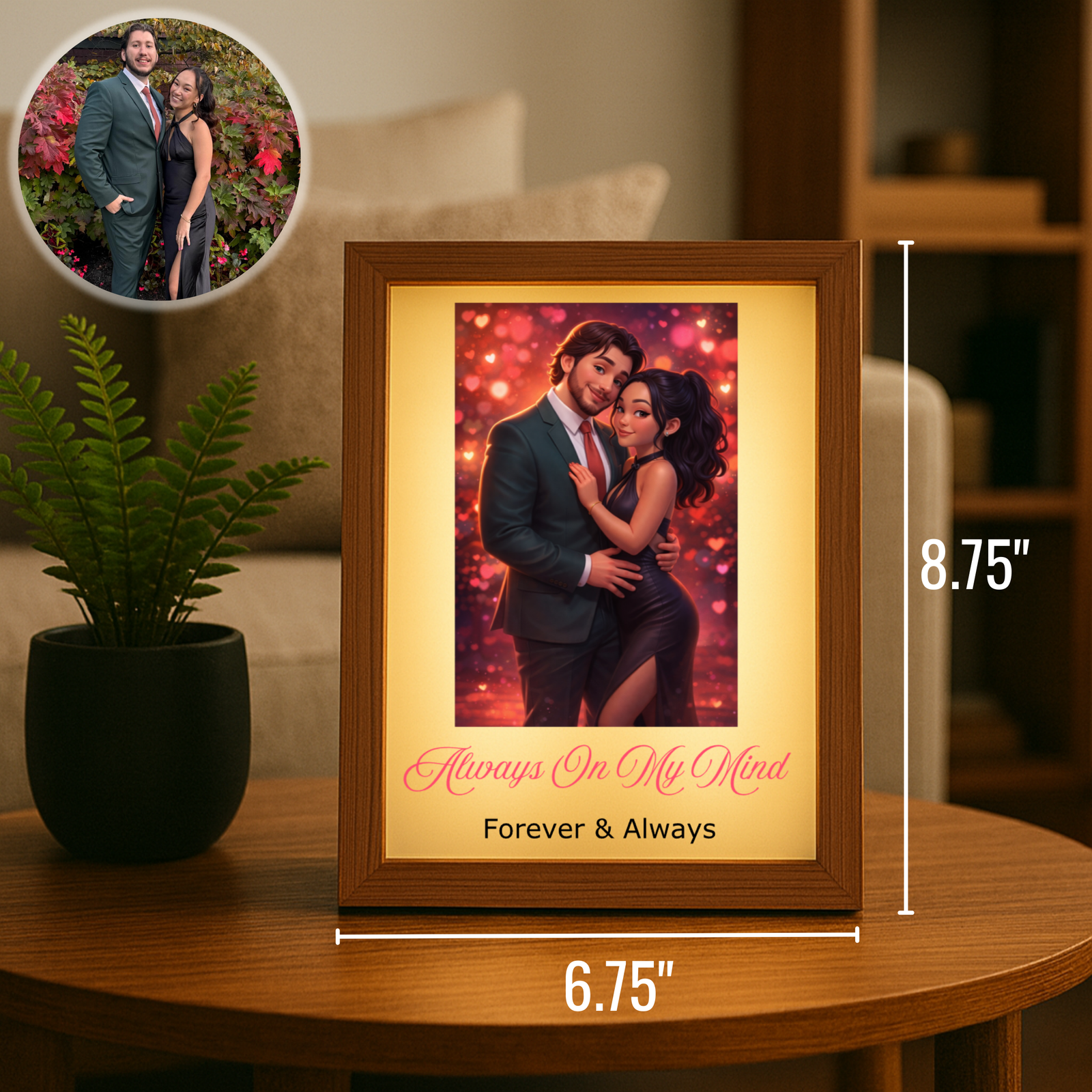 Wooden-framed light box displaying couple's photo with warm LED glow, personalized text "Always On My Mind" and "Forever & Always" below image, 6.75" × 8.75" dimensions shown