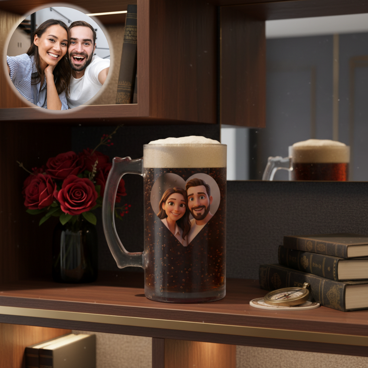 Frosted beer mug filled with dark beer, personalized with sample photo of couple's faces in heart-shaped design, displayed on wooden shelf with red roses and books