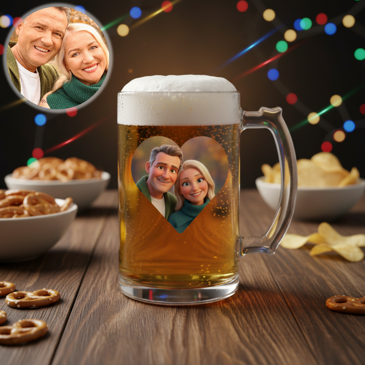 Personalized frosted beer mug filled with amber beer, displaying sample photo of couple in heart-shaped frame, surrounded by pretzels and snacks with festive bokeh background