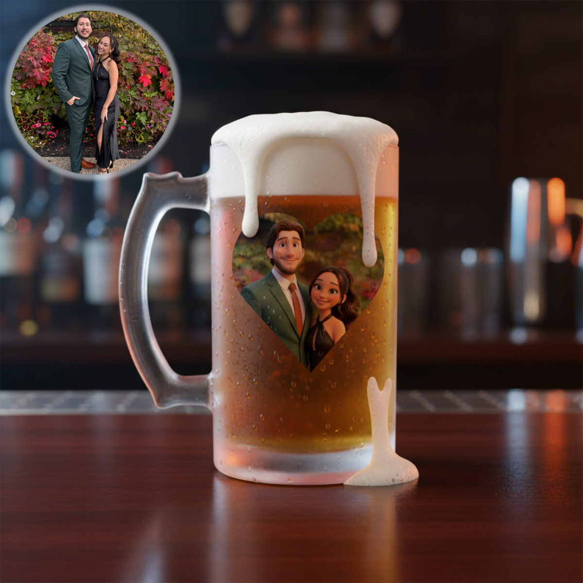 Frosted beer mug filled with amber beer, displaying sample animated couple portrait inside heart-shaped frame with blurred bar background
