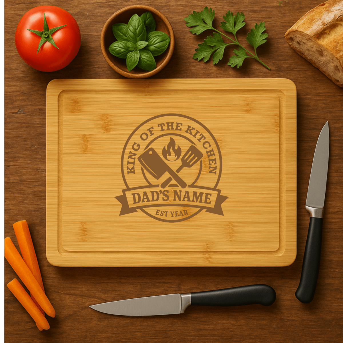 Personalized bamboo cutting board engraved with "King of the Kitchen" and Dad's name.