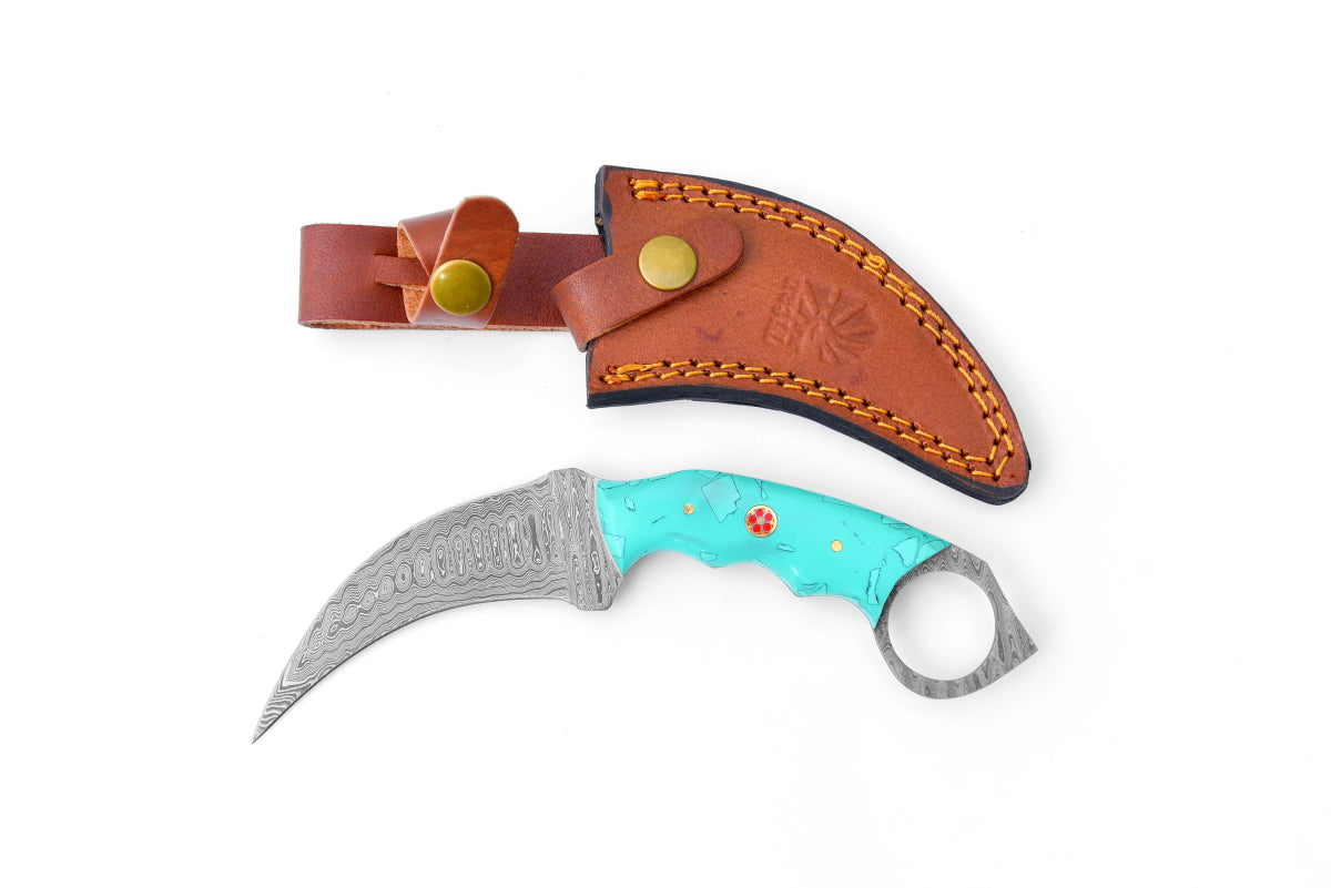 Unique Personalized Damascus Karambit with Turquoise Resin Scales Customized Damascus Knife Gifts for Men by Groovy Guy