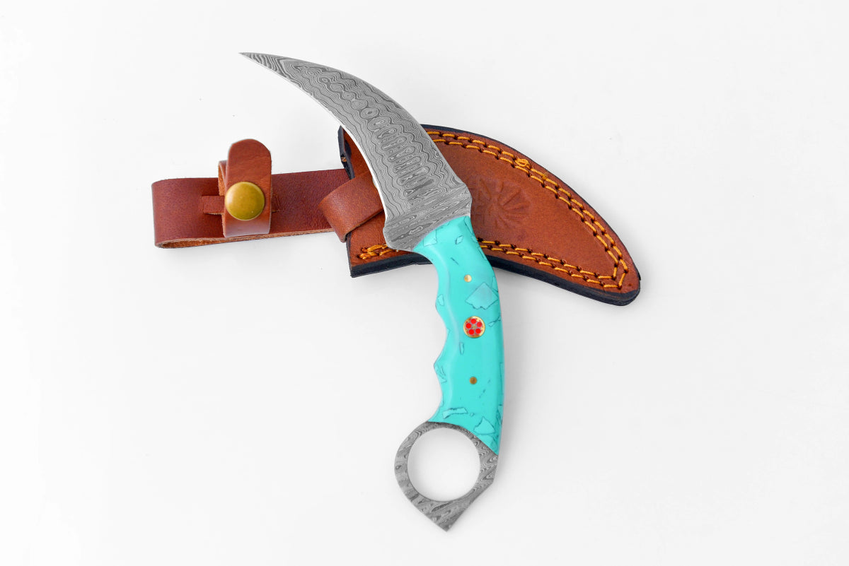 Unique Personalized Damascus Karambit with Turquoise Resin Scales Customized Damascus Knife Gifts for Men by Groovy Guy