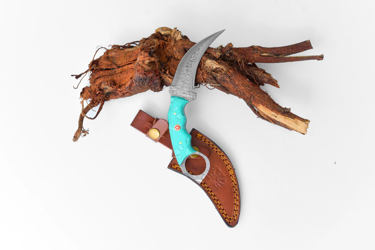 Unique Personalized Damascus Karambit with Turquoise Resin Scales Customized Damascus Knife Gifts for Men by Groovy Guy