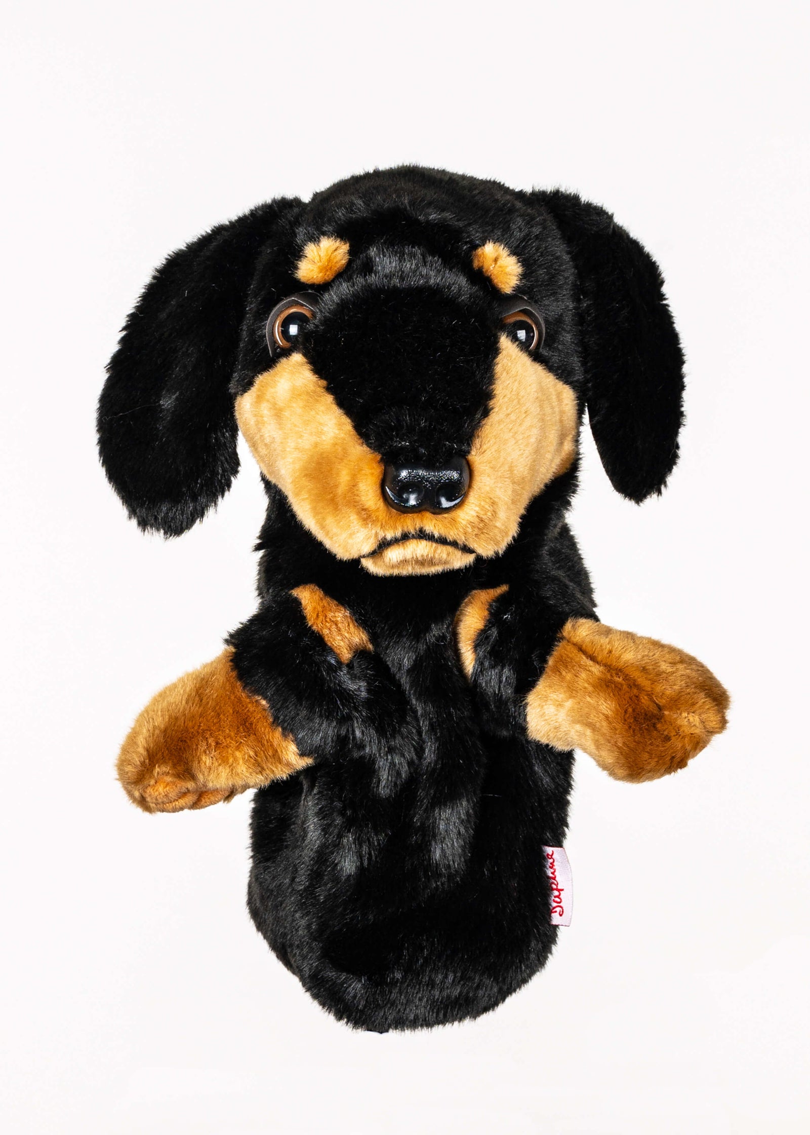 Dachshund plush golf headcover for drivers up to 460cc, photographed on a plain background