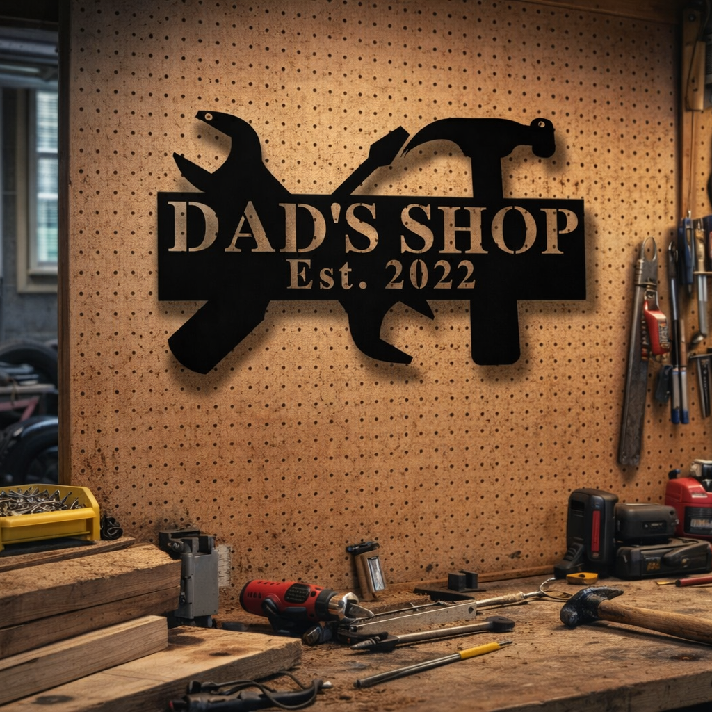 Workshop wall with tools and a 'Dad's Shop Est. 2022' sign.