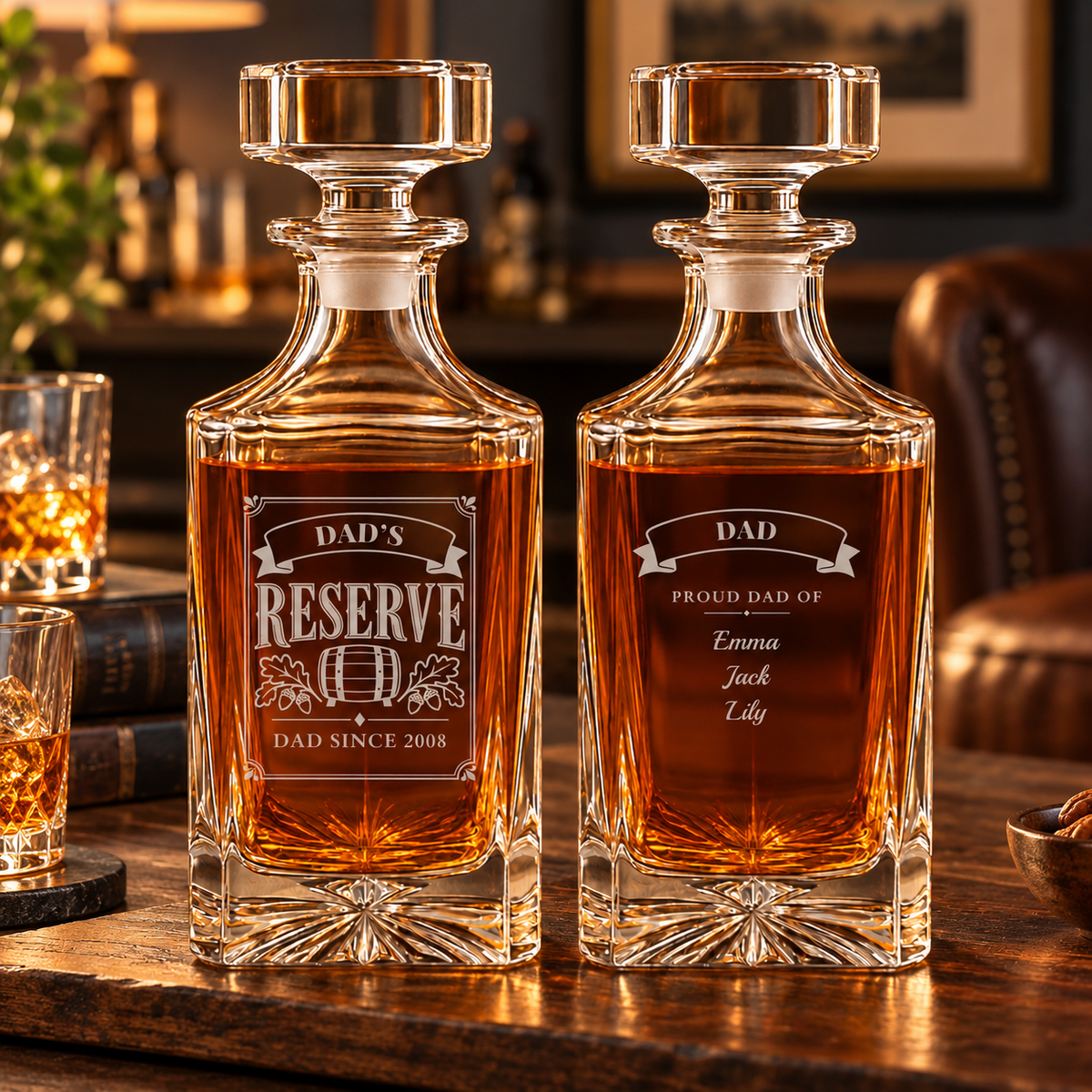 Dad's Reserve personalized whiskey decanter shown front and back: Dad Since 2008 on the label, Proud Dad Of with Emma, Jack and Lily on the back