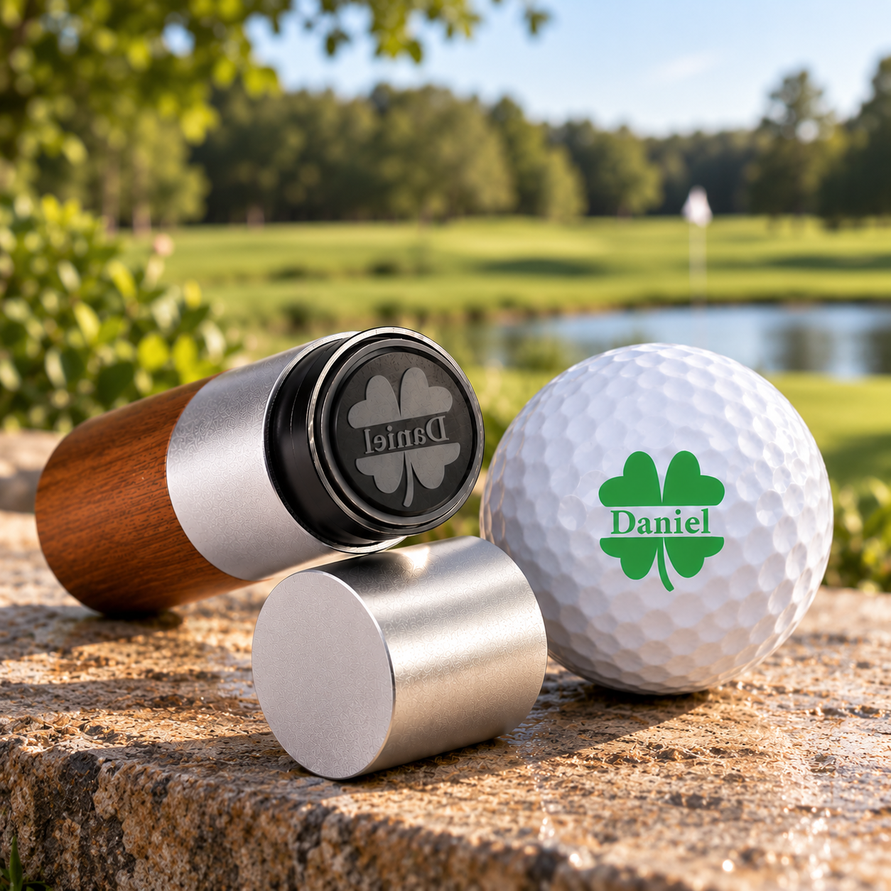 Wooden golf ball stamp with its metal cap off, showing a shamrock and Daniel design, beside a golf ball stamped in green on a stone ledge by a course pond