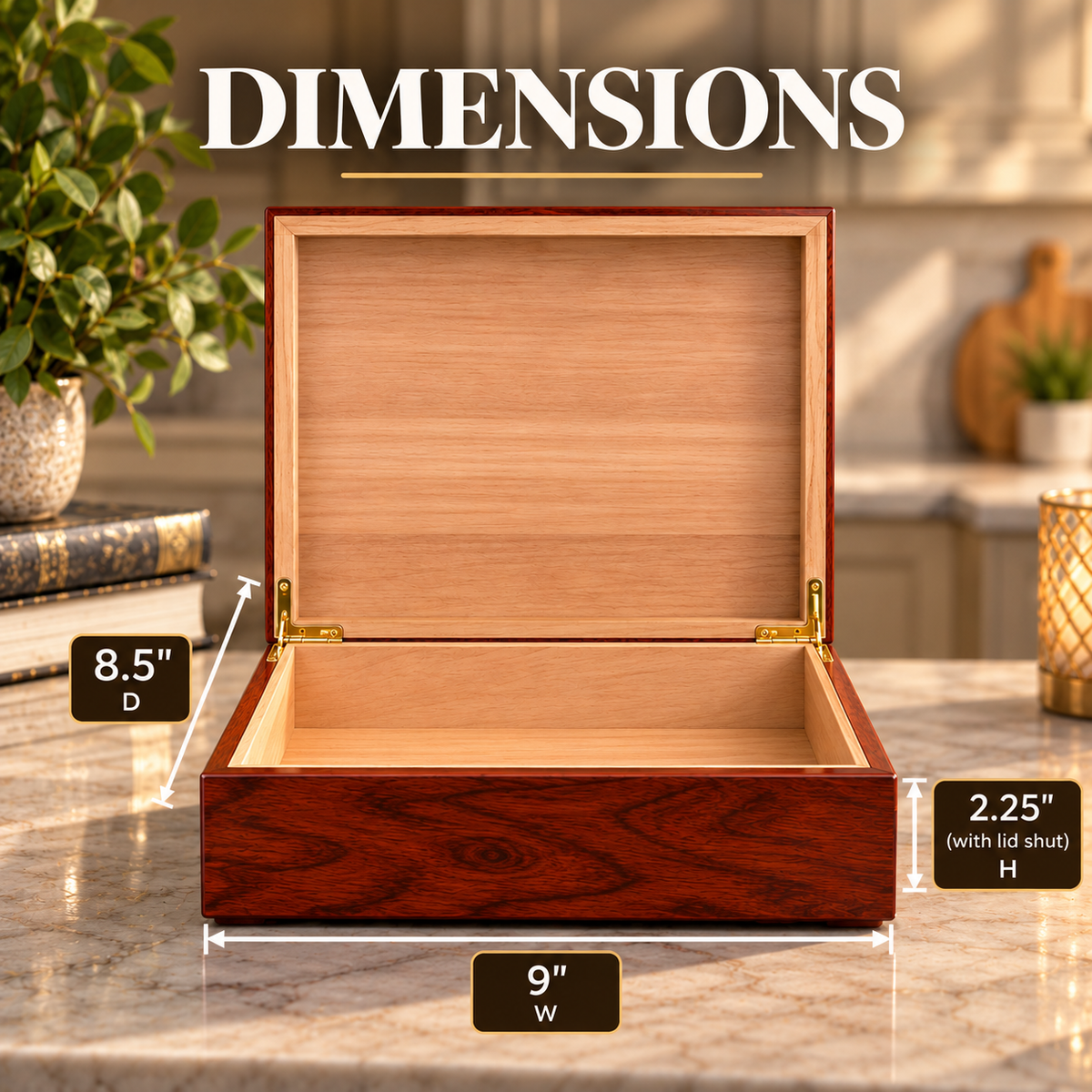 Open wooden box with cedar interior on marble surface, showing labeled dimensions: 9" W, 8.5" D, 2.25" H with lid shut