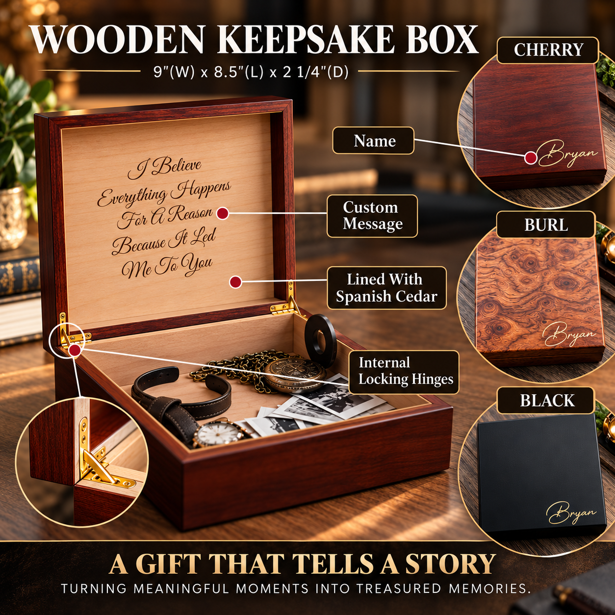 Labeled photo of the personalized wooden keepsake box showing the name on the lid, message inside, cedar lining, locking hinges and the three finishes