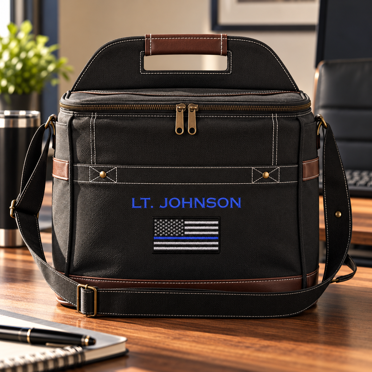 Black Thin Blue Line police cooler embroidered LT. JOHNSON in royal blue thread above the flag patch, sitting on a wooden office desk