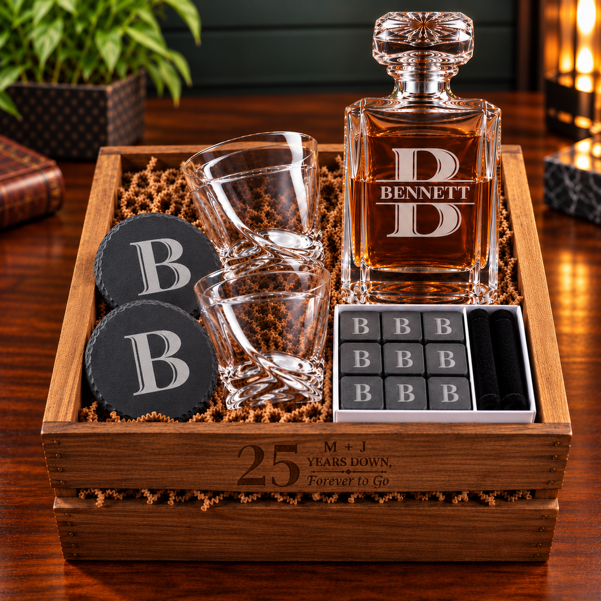 Personalized anniversary decanter set in a cedar crate engraved 25 YEARS DOWN, Forever to Go, with a BENNETT decanter, monogram coasters and whiskey stones