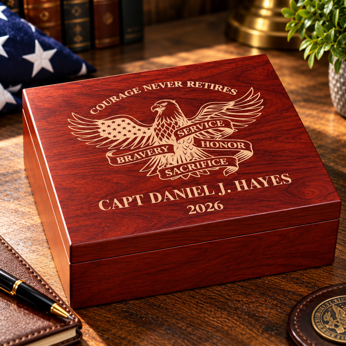 Cherry military retirement keepsake box engraved with an eagle, COURAGE NEVER RETIRES, CAPT DANIEL J. HAYES and 2026, on a desk beside a folded flag