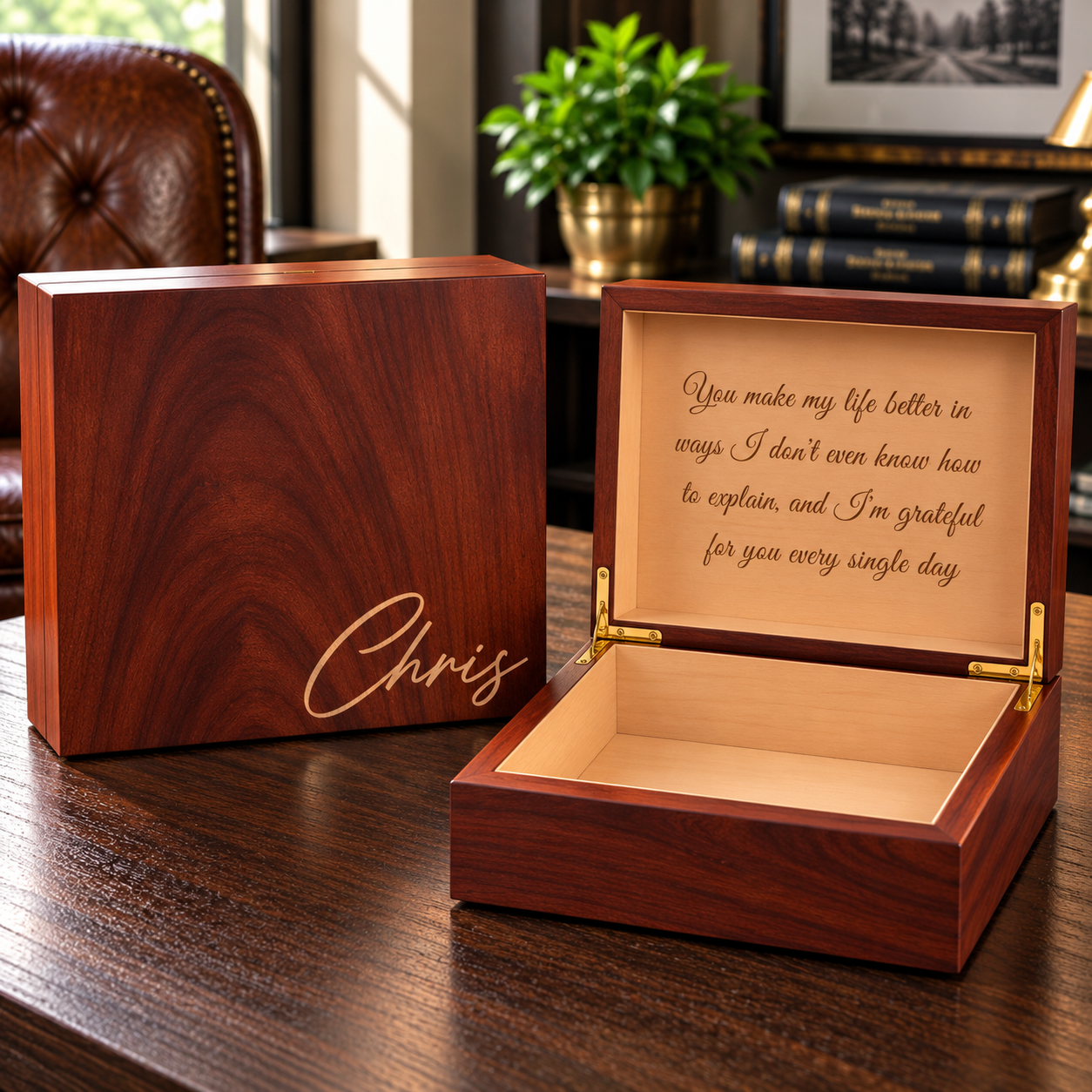 Dark wood keepsake box with engraved name "Chris" on closed lid and sample heartfelt message on inside lid, displayed open and closed