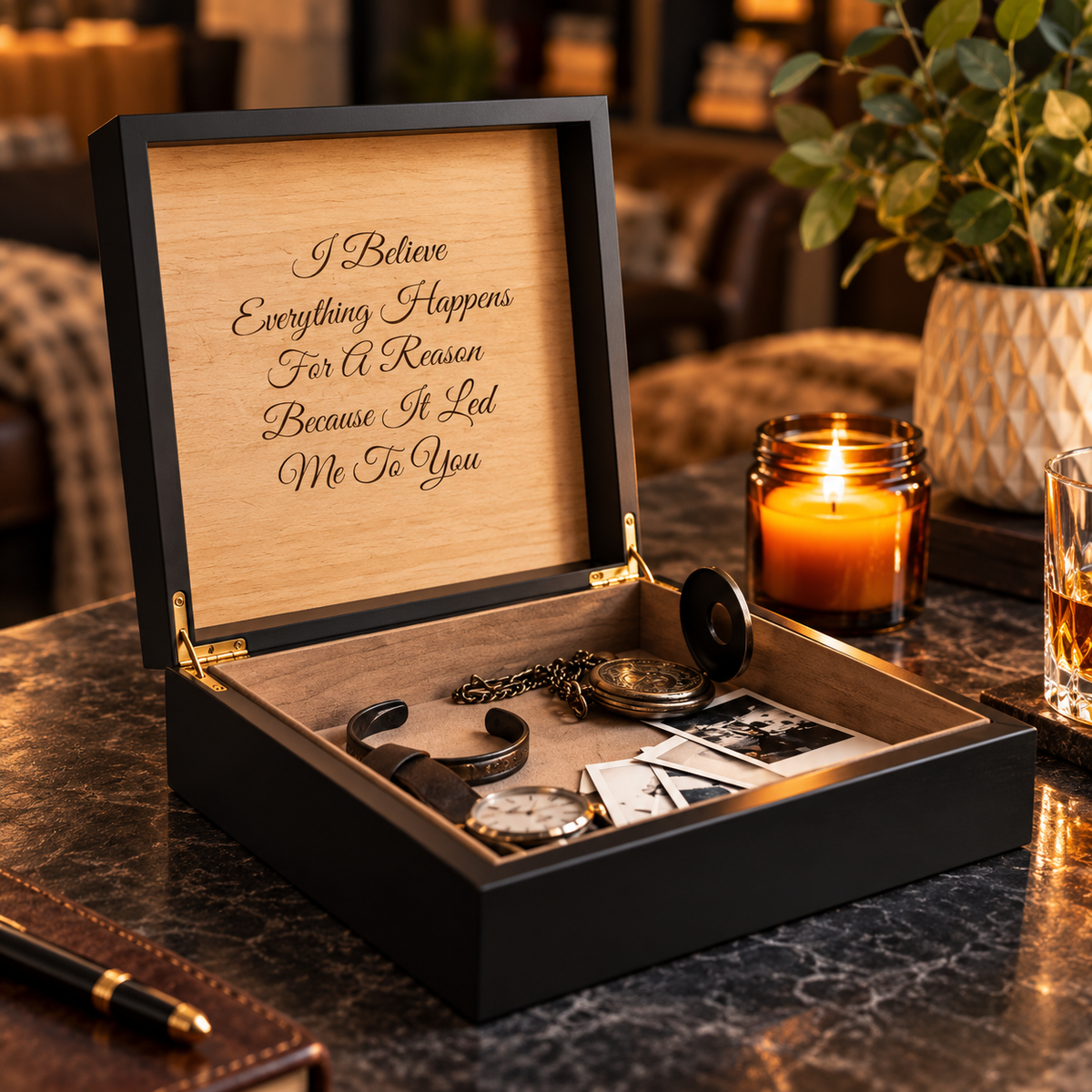Matte black personalized keepsake box open on a marble table, a script message engraved inside the lid, a watch, pocket watch, cuff and old photos inside