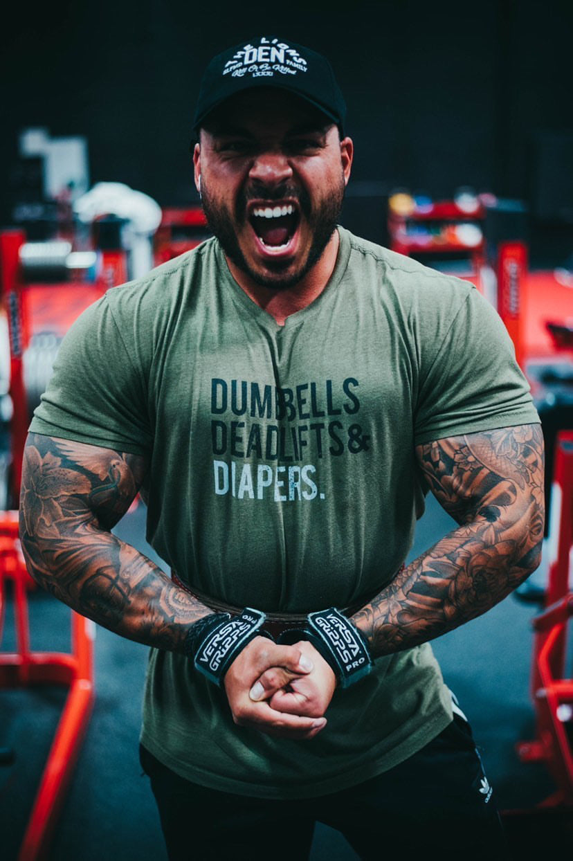 Black Triple D dad shirt with “Dumbbells, Deadlifts & Diapers” print, cotton-poly blend.